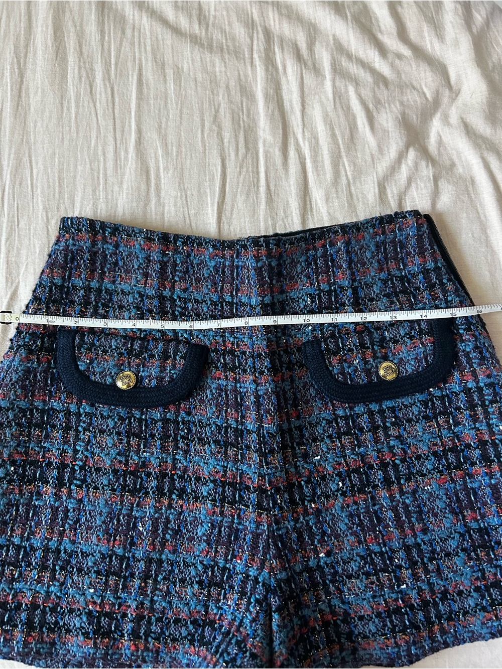 Sandro Blue Tweed Flat-Front Shorts with Navy Trim - Picture 5 of 5